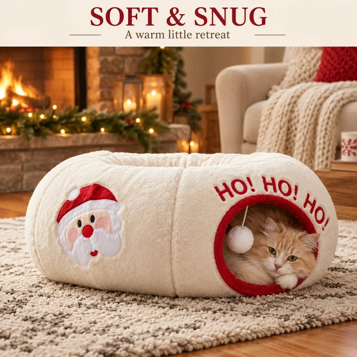🎁 2-in-1 Weihnachts-Katzentunnel-Bett | Weihnachtsspielzeug für Haustiere mit Weihnachtsmann-Motiv