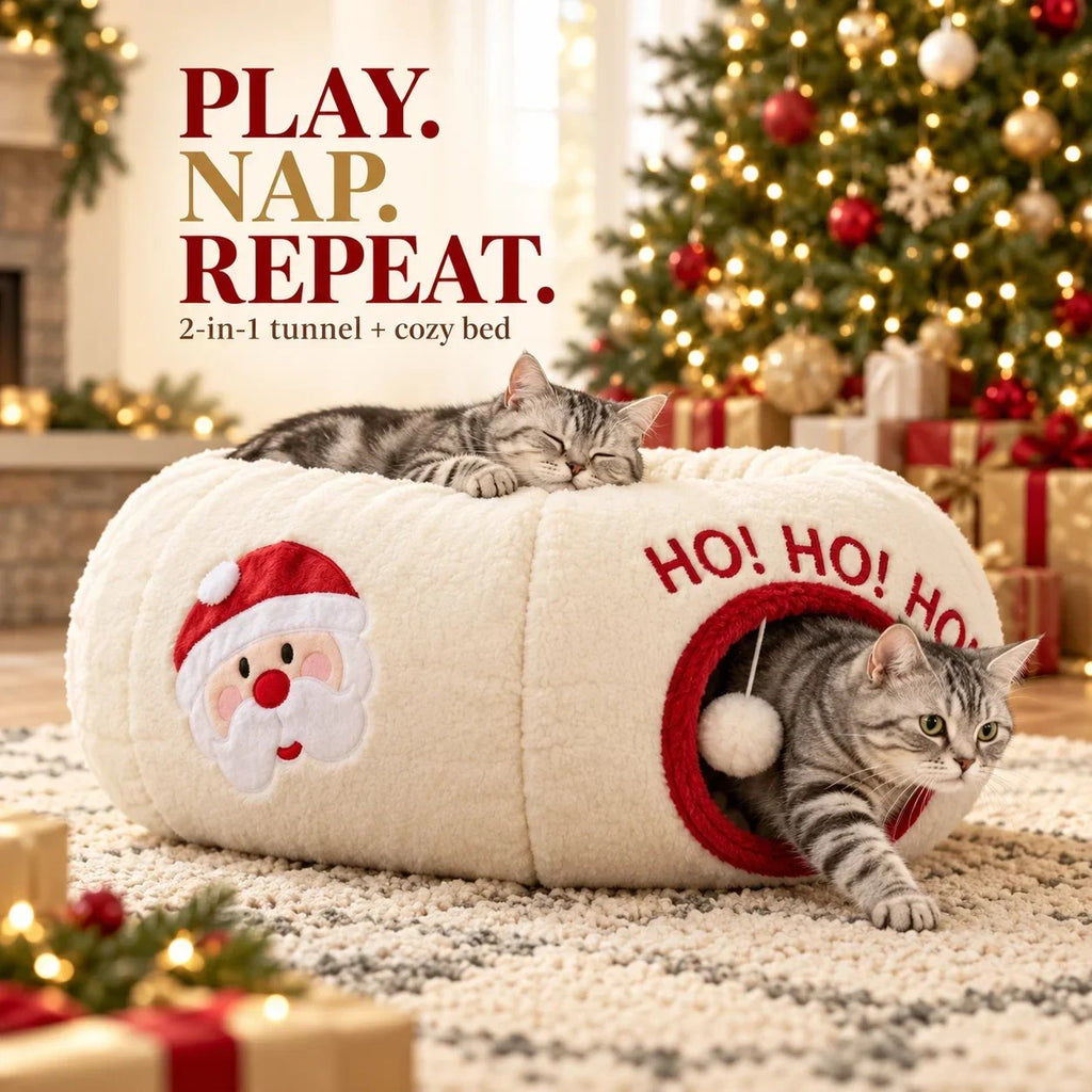 🎁 2-in-1 Weihnachts-Katzentunnel-Bett | Weihnachtsspielzeug für Haustiere mit Weihnachtsmann-Motiv
