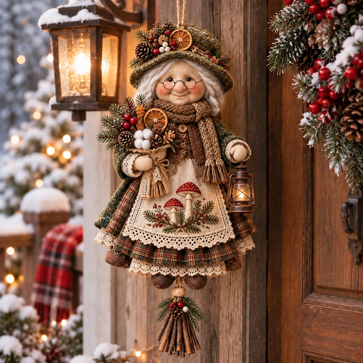 Handgefertigte Glücks-Oma Weihnachts-Hängedekoration | Rustikale Winterdeko