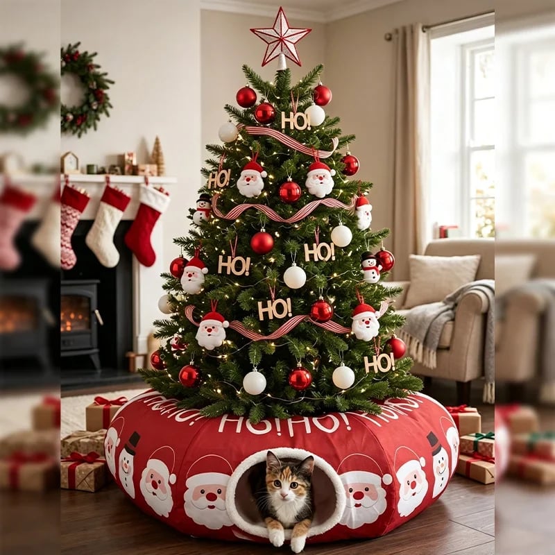 🎁 2-in-1 Weihnachts-Katzentunnel-Bett | Weihnachtsspielzeug für Haustiere mit Weihnachtsmann-Motiv