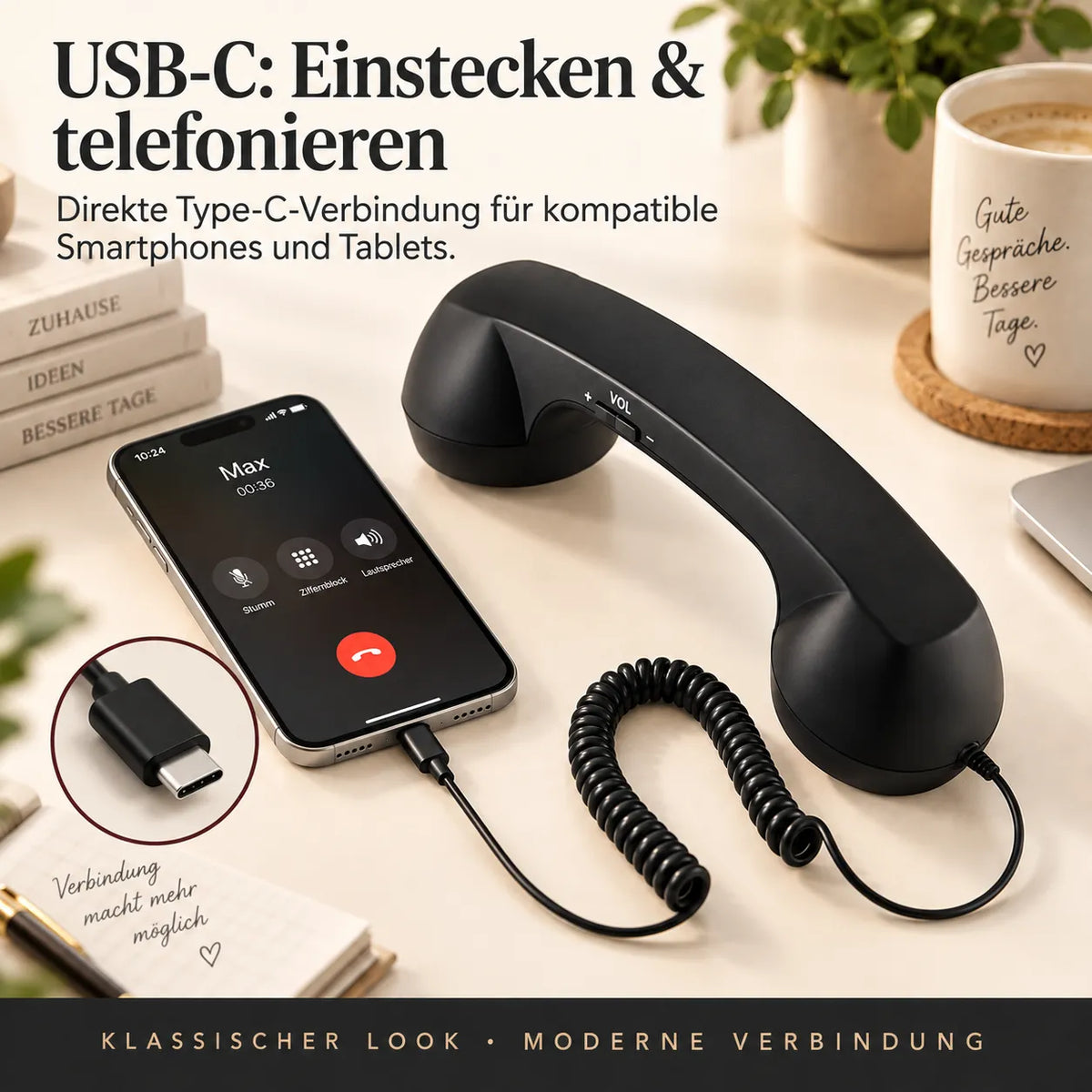 ☎️✨ Retro-Telefonhörer mit USB-C – Klassischer Look, moderner Komfort für Smartphone & Tablet 📱