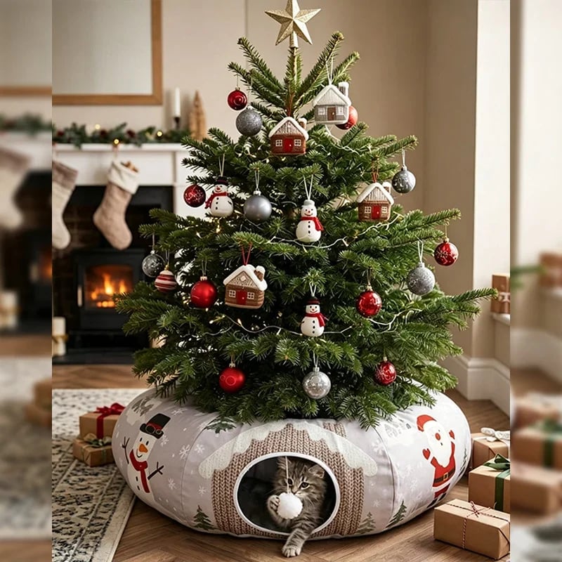 🎁 2-in-1 Weihnachts-Katzentunnel-Bett | Weihnachtsspielzeug für Haustiere mit Weihnachtsmann-Motiv