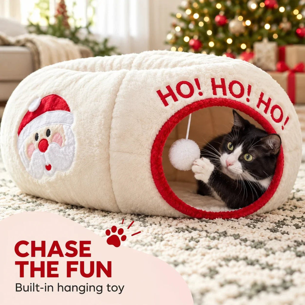 🎁 2-in-1 Weihnachts-Katzentunnel-Bett | Weihnachtsspielzeug für Haustiere mit Weihnachtsmann-Motiv