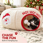 🎁 2-in-1 Weihnachts-Katzentunnel-Bett | Weihnachtsspielzeug für Haustiere mit Weihnachtsmann-Motiv