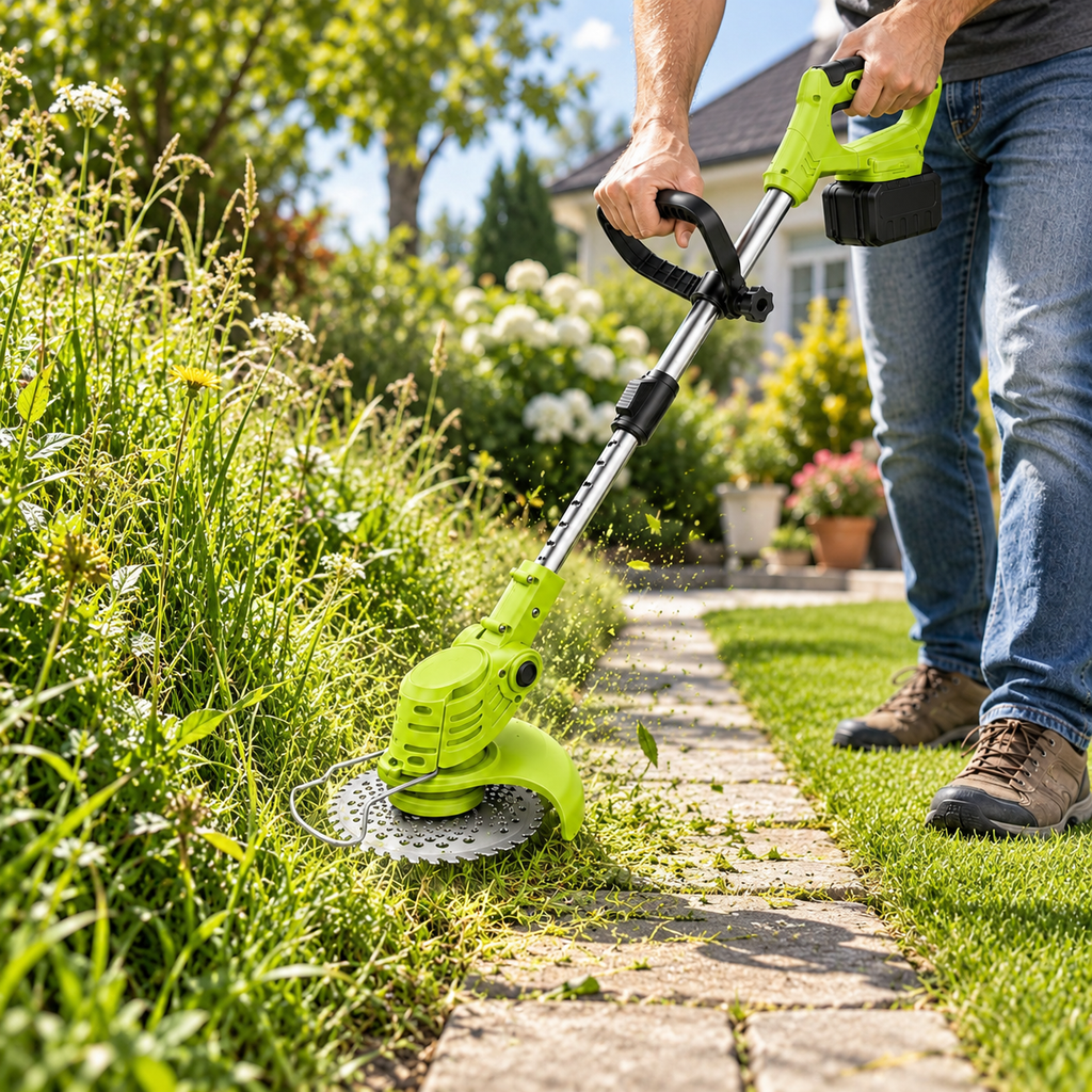 Akku-Rasentrimmer beim Nacharbeiten eines Gartenwegs