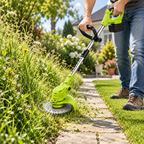 Akku-Rasentrimmer beim Nacharbeiten eines Gartenwegs