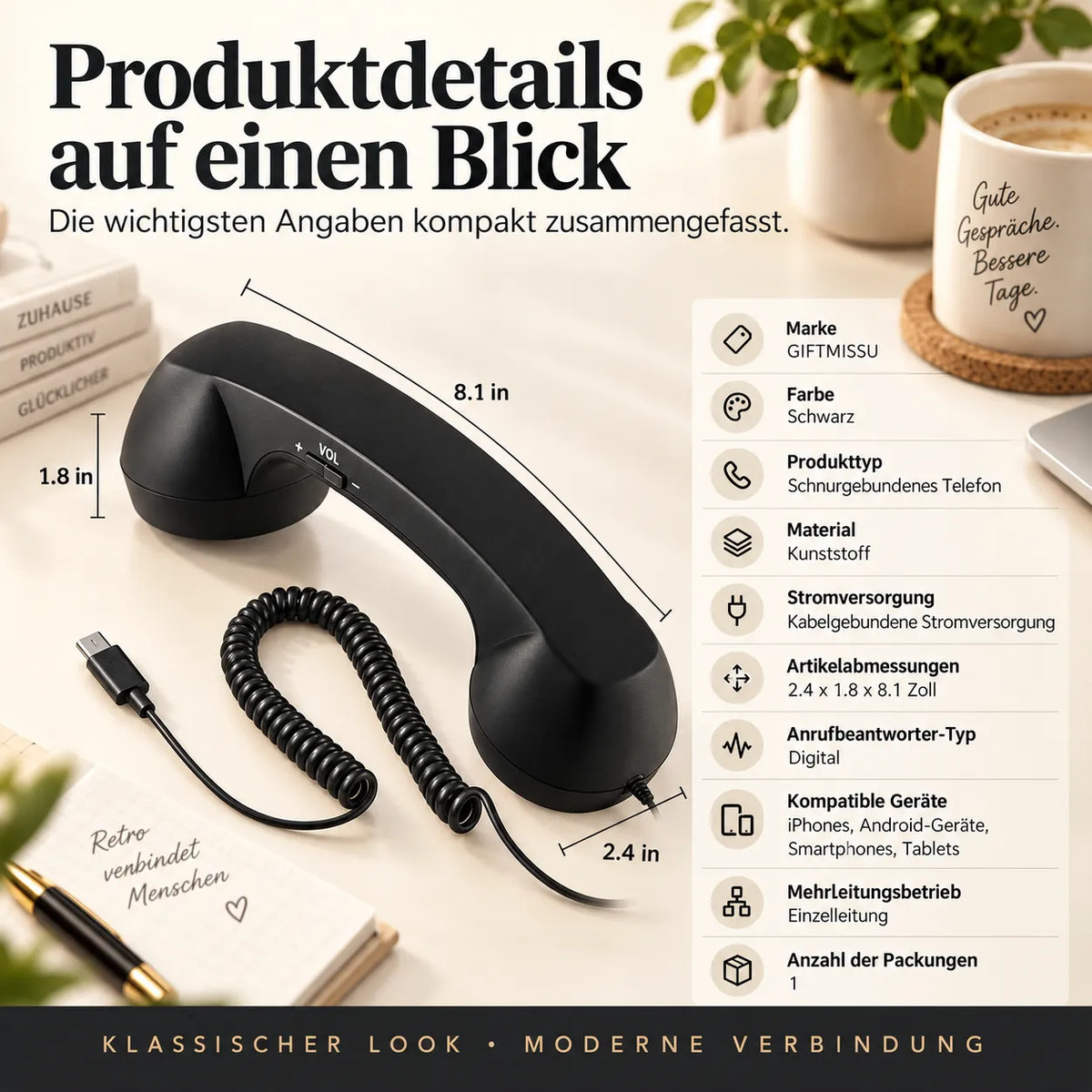 ☎️✨ Retro-Telefonhörer mit USB-C – Klassischer Look, moderner Komfort für Smartphone & Tablet 📱