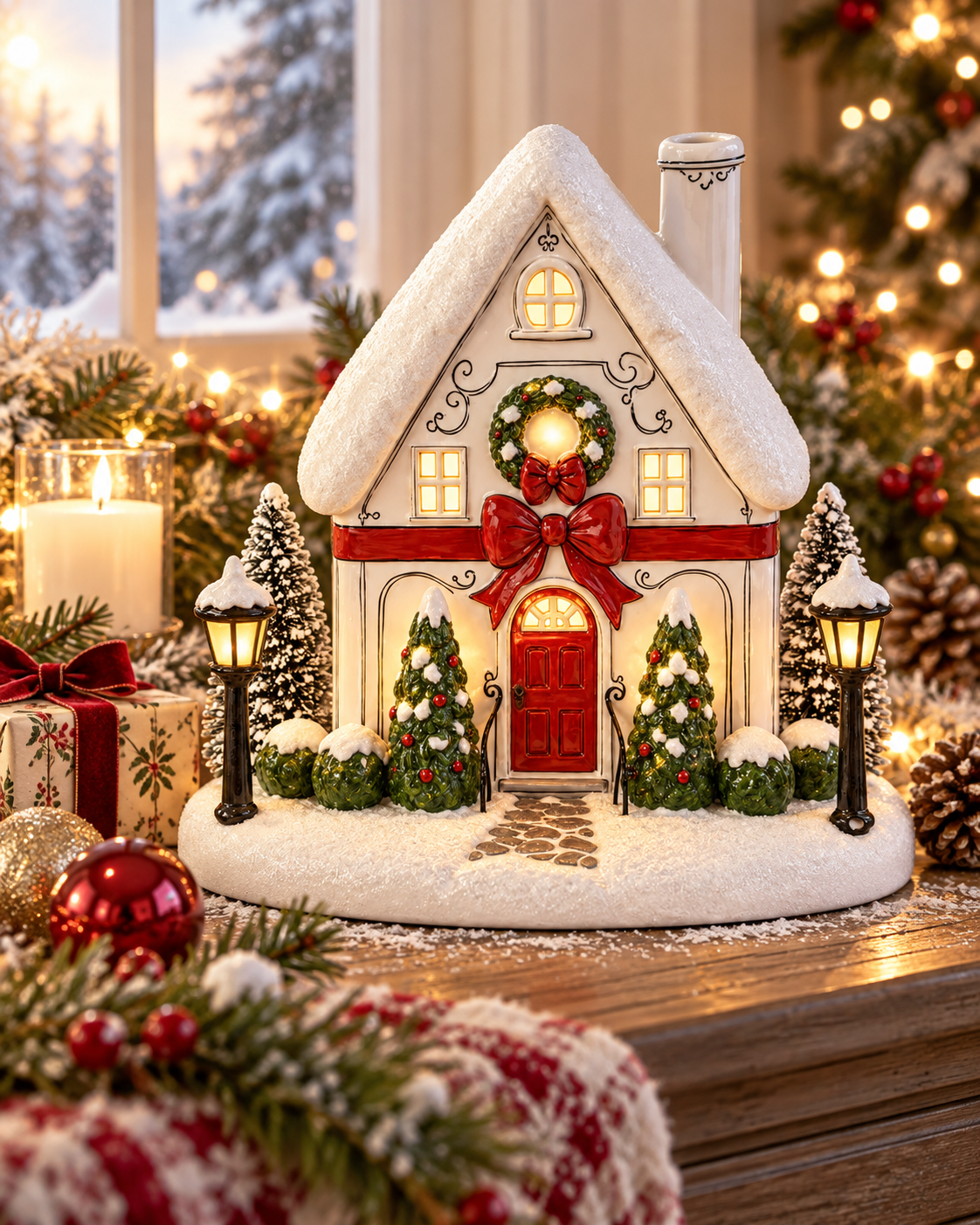 Variante C: verschneites Weihnachtshaus mit roter Schleife als Geschenk-Szene