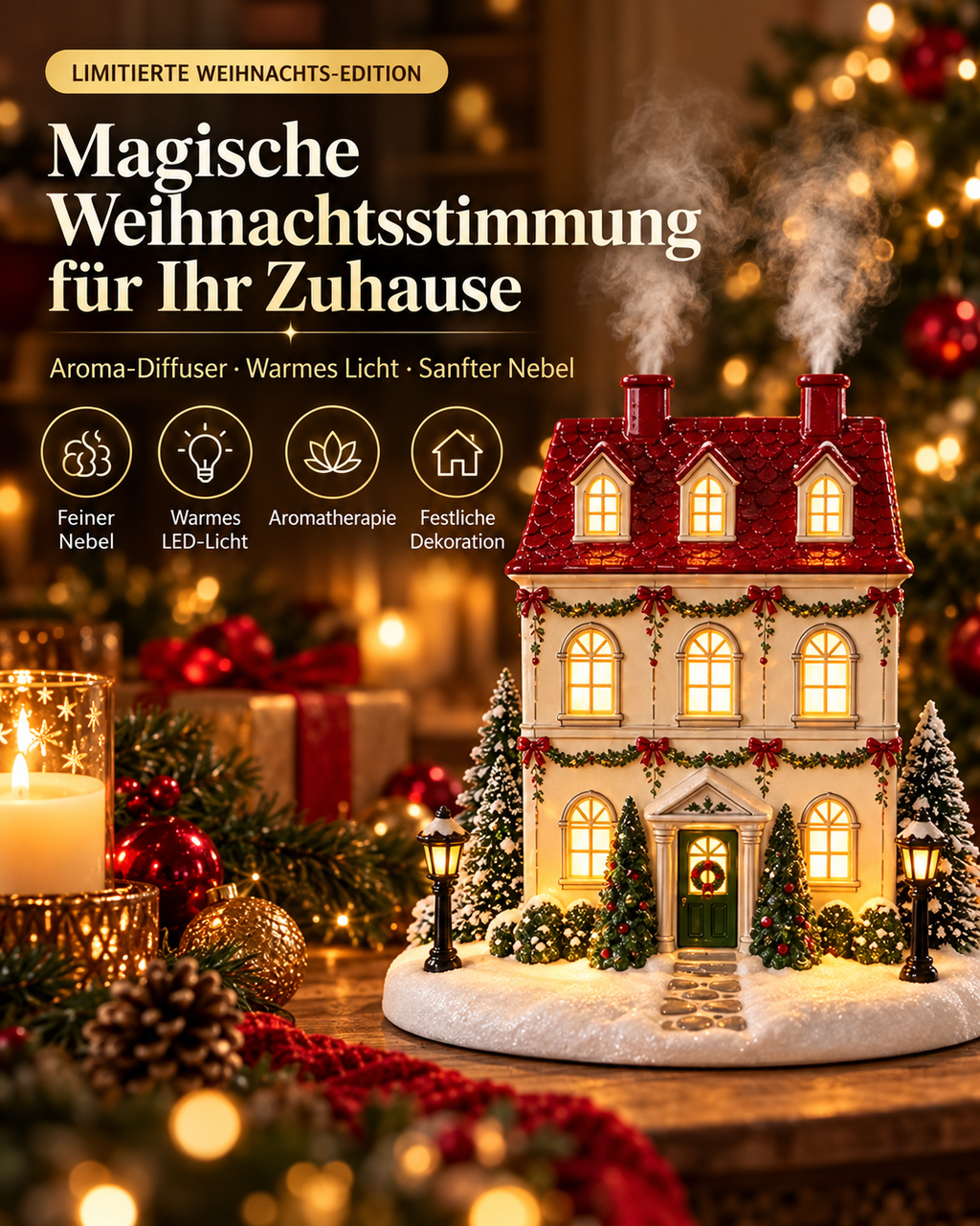 Magische Weihnachtsstimmung – beleuchtetes Weihnachtshaus mit sanftem Nebeleffekt