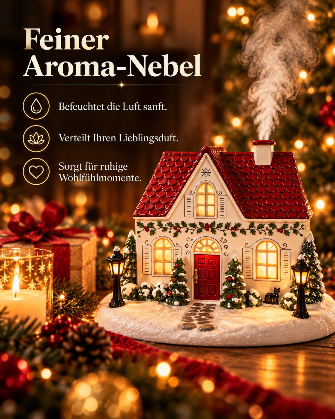 Weihnachtshaus-Diffusor mit feinem Nebel und festlicher Wohnatmosphäre