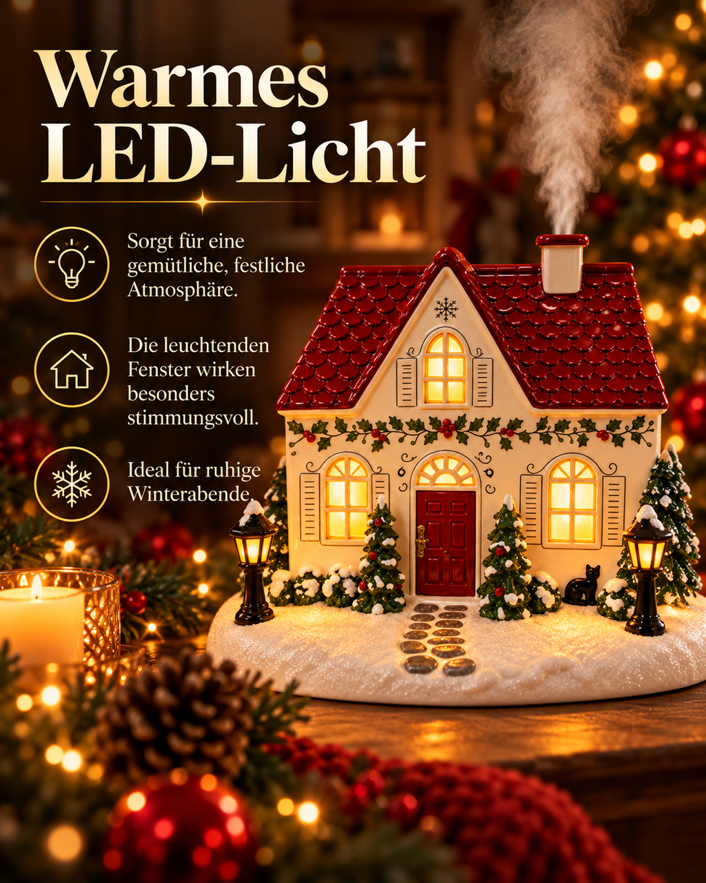 Warmes LED-Licht und leuchtende Fenster am Weihnachtshaus