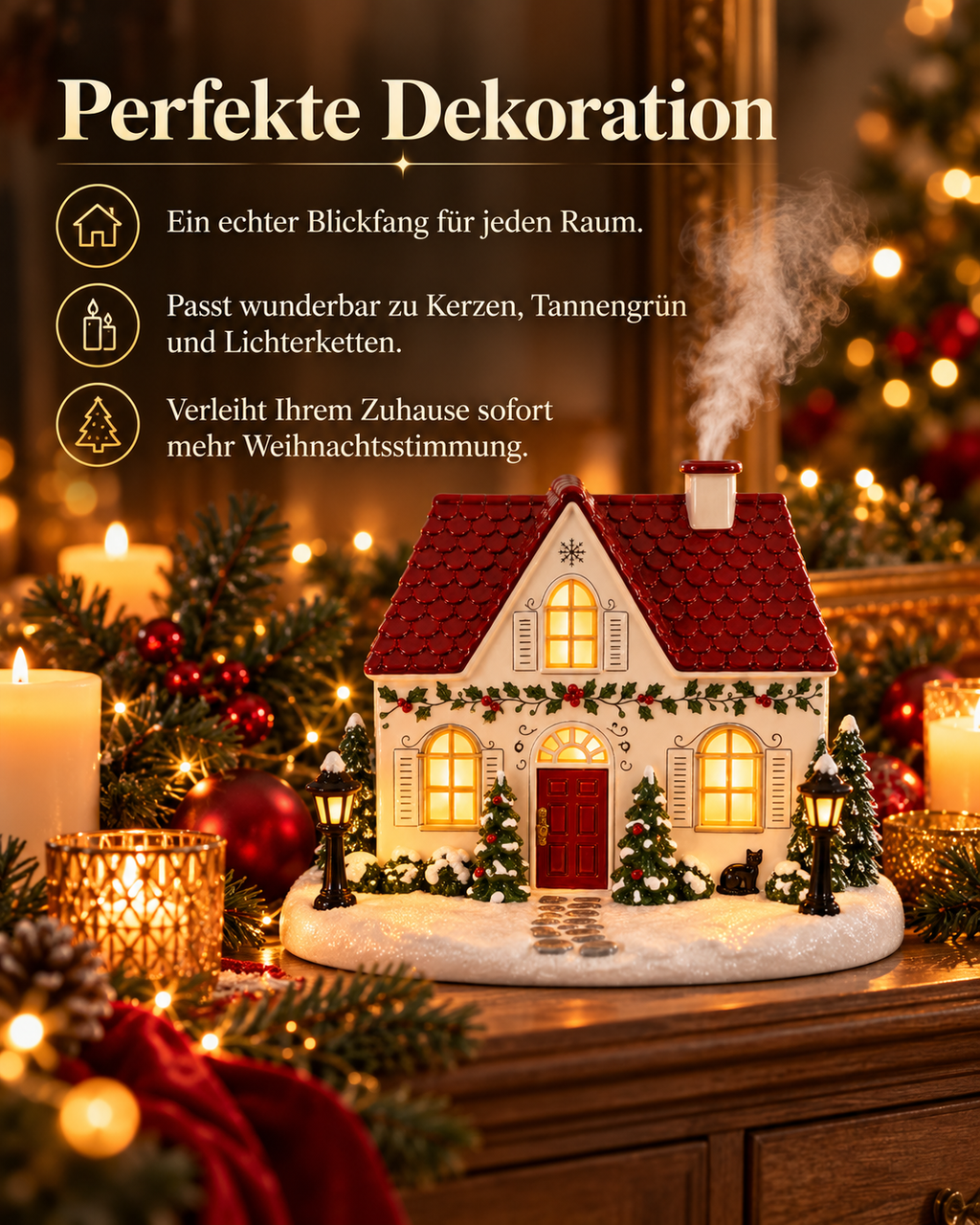 Weihnachtshaus als Blickfang zwischen Kerzen, Tannengrün und Lichterketten