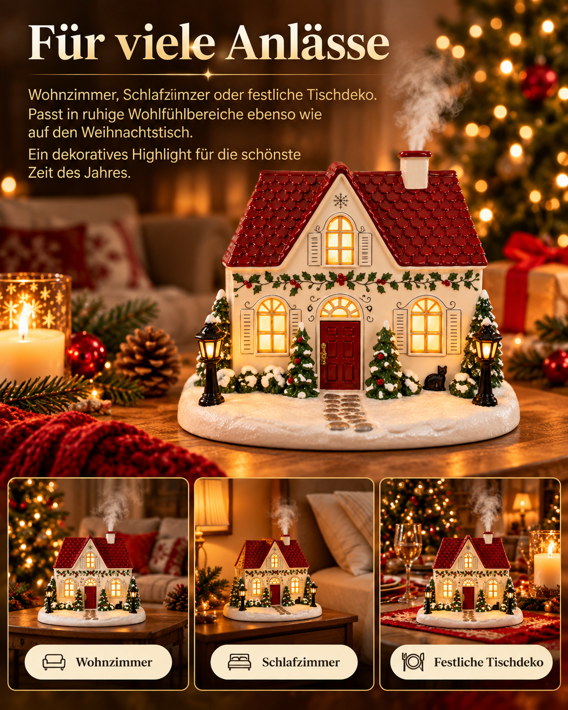 Weihnachtshaus als festliche Dekoration für Wohnzimmer, Schlafzimmer und Esstisch