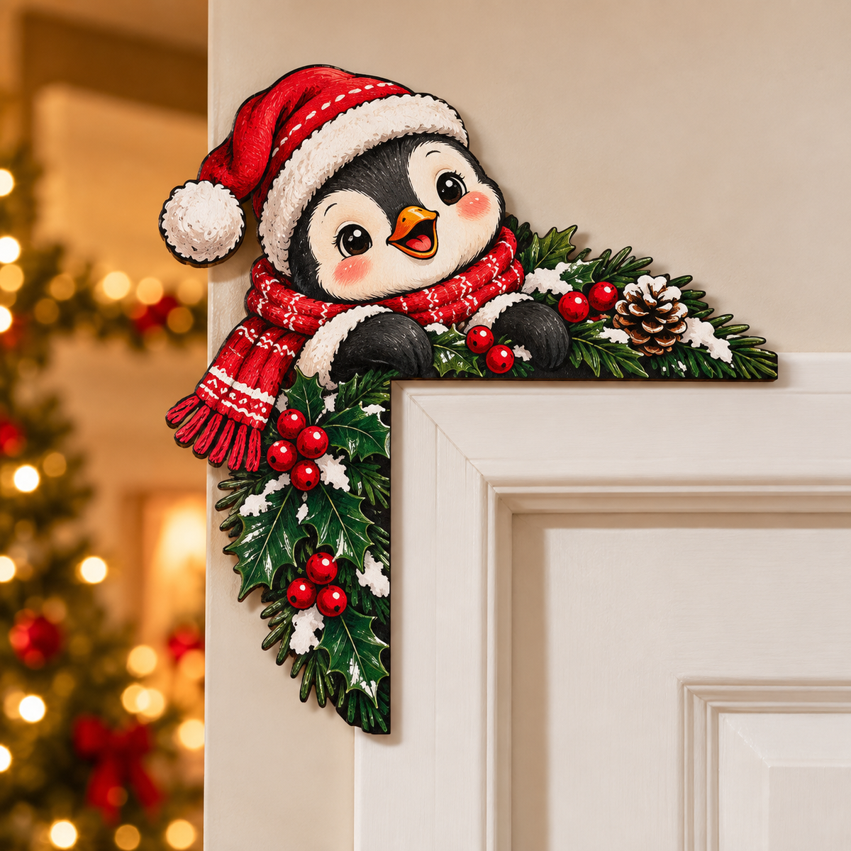 Weihnachtliche Türrahmen-Eckdeko aus Holz – Pinguin