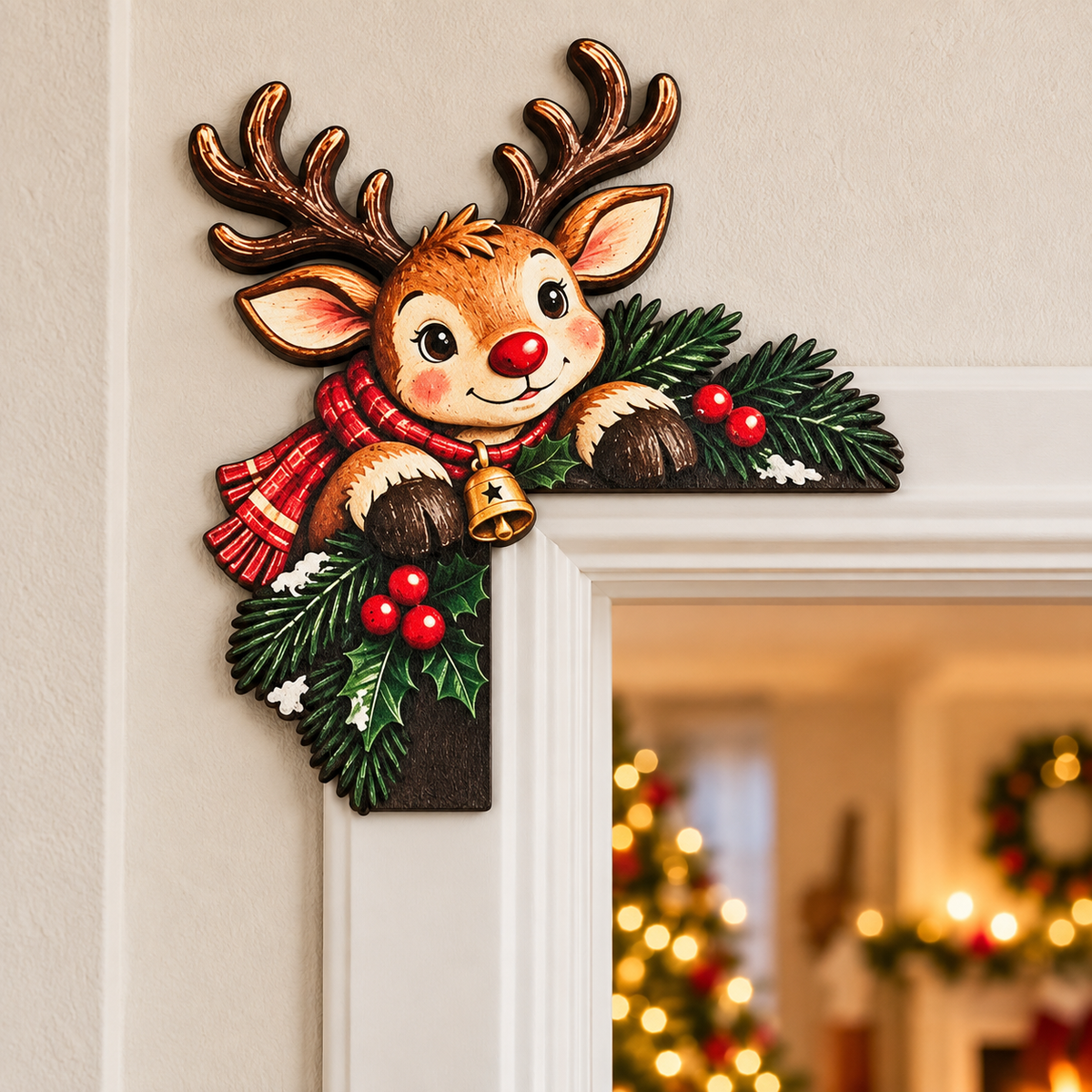 Weihnachtliche Türrahmen-Eckdeko aus Holz – Rentier