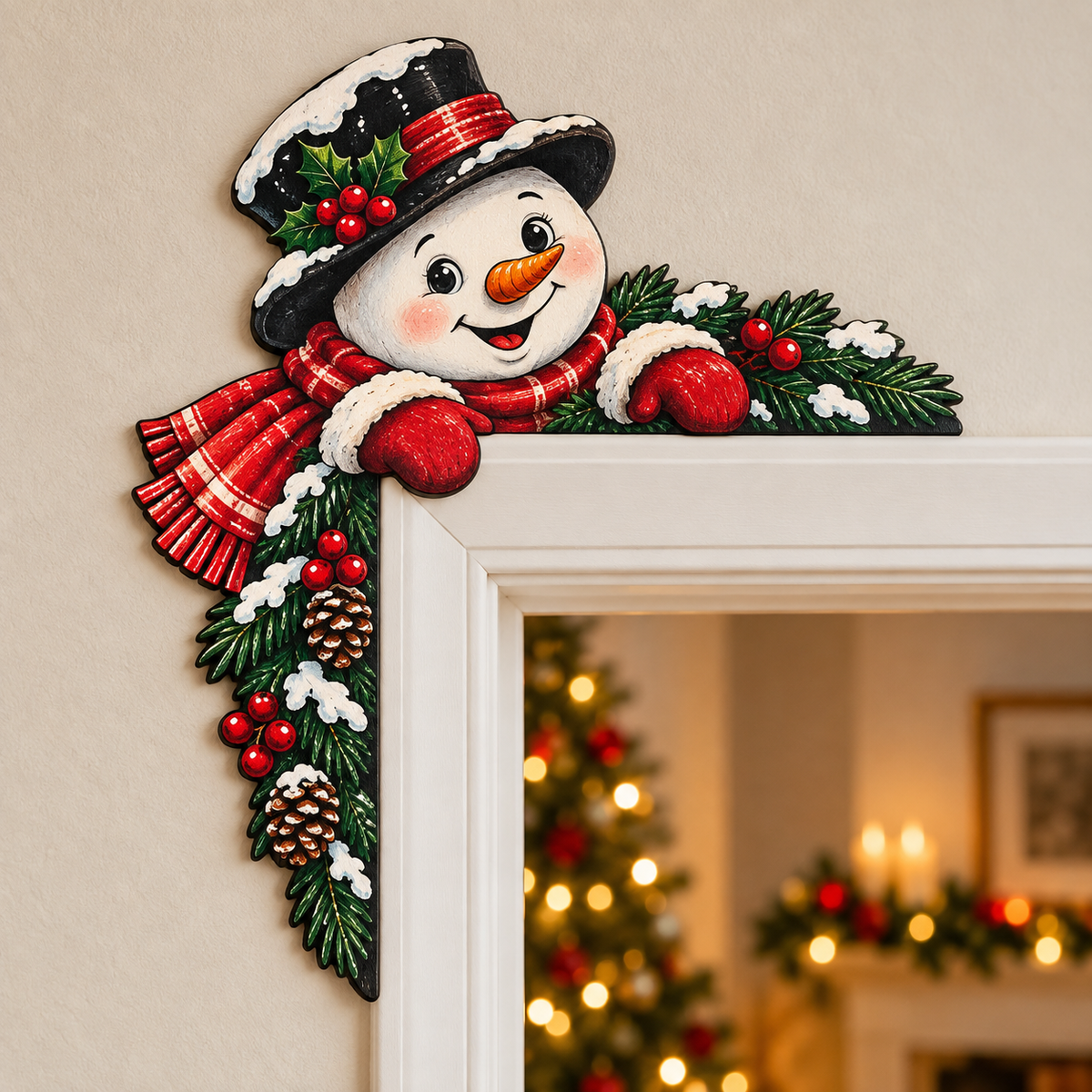 Weihnachtliche Türrahmen-Eckdeko aus Holz – Schneemann