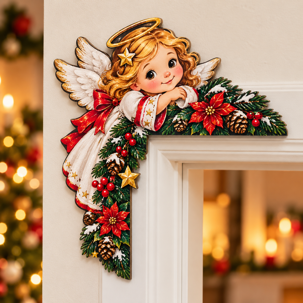 Weihnachtliche Türrahmen-Eckdeko aus Holz – Weihnachtsengel