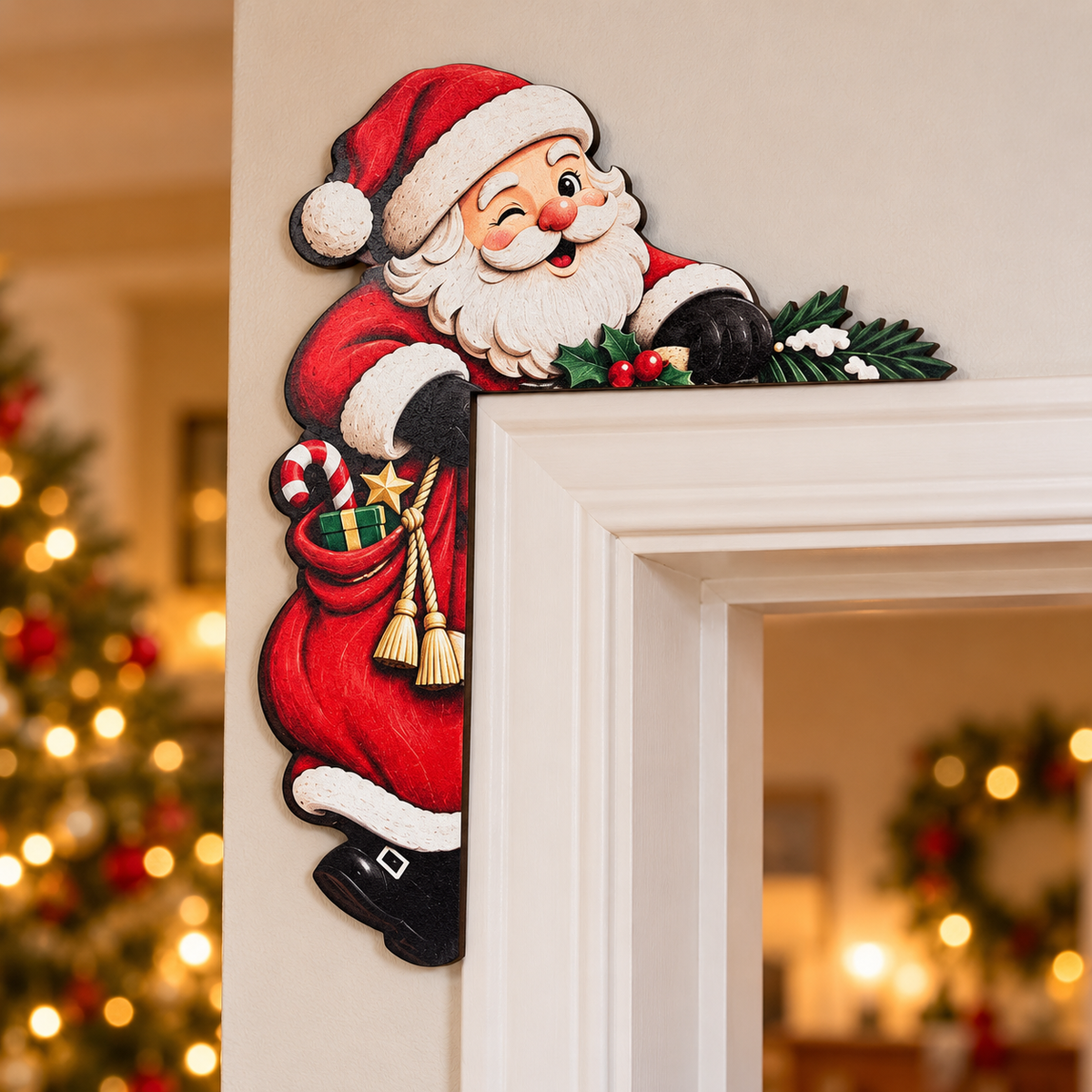 Weihnachtliche Türrahmen-Eckdeko aus Holz – Weihnachtsmann