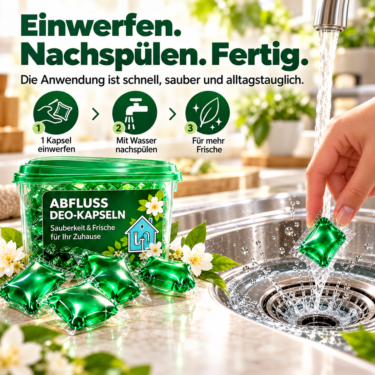 Einwerfen. Mit Wasser nachspülen. Fertig.