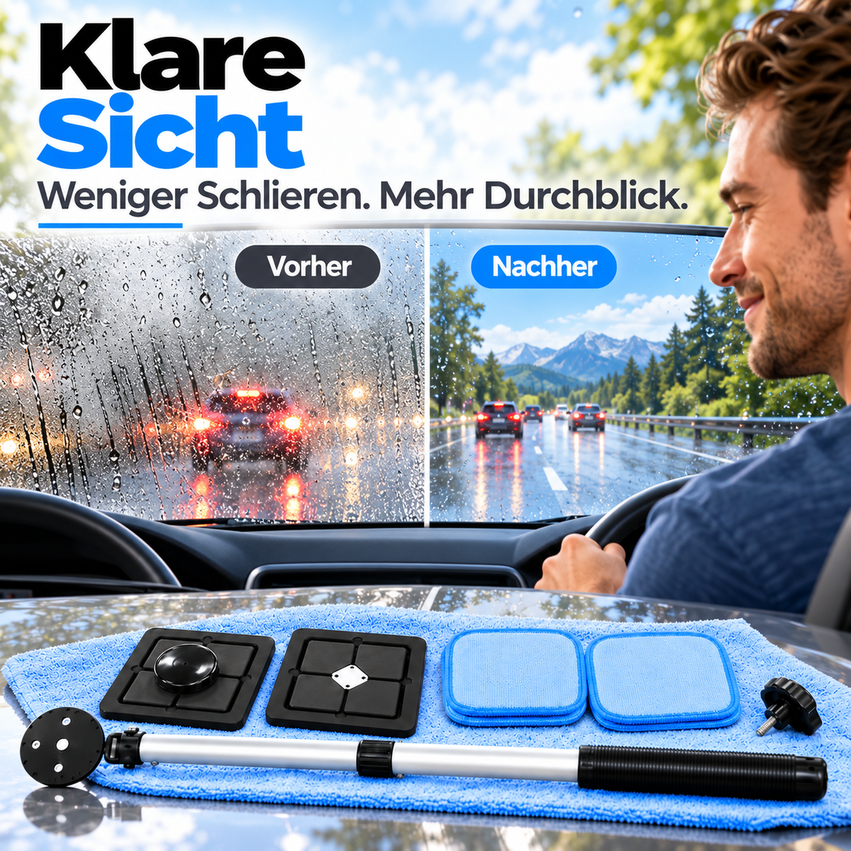 Klare Sicht vor und nach der Scheibenreinigung