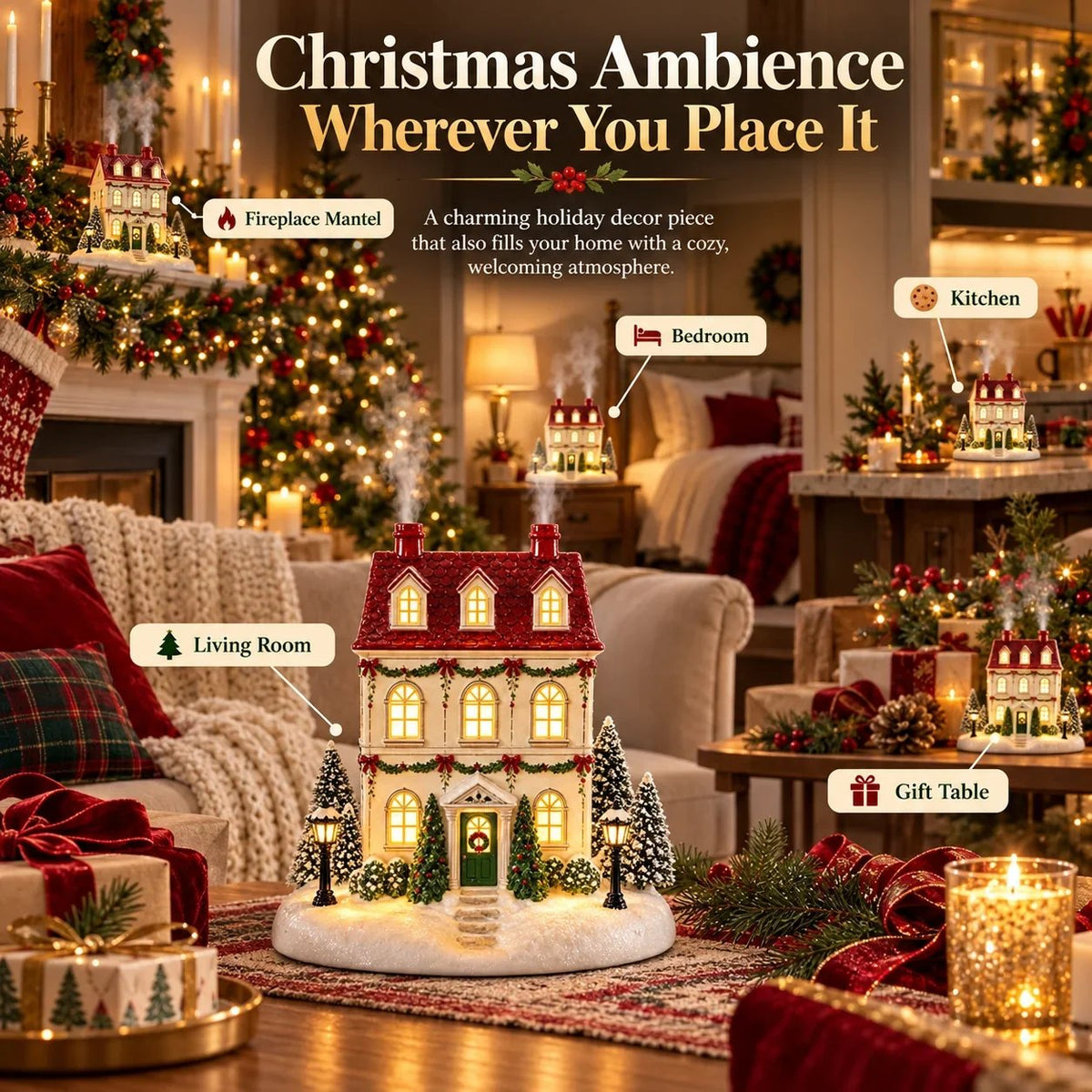 🎄 Weihnachts-Haus Aroma Diffusor – warmes Licht und sanfter Nebel, Festtagsdekoration