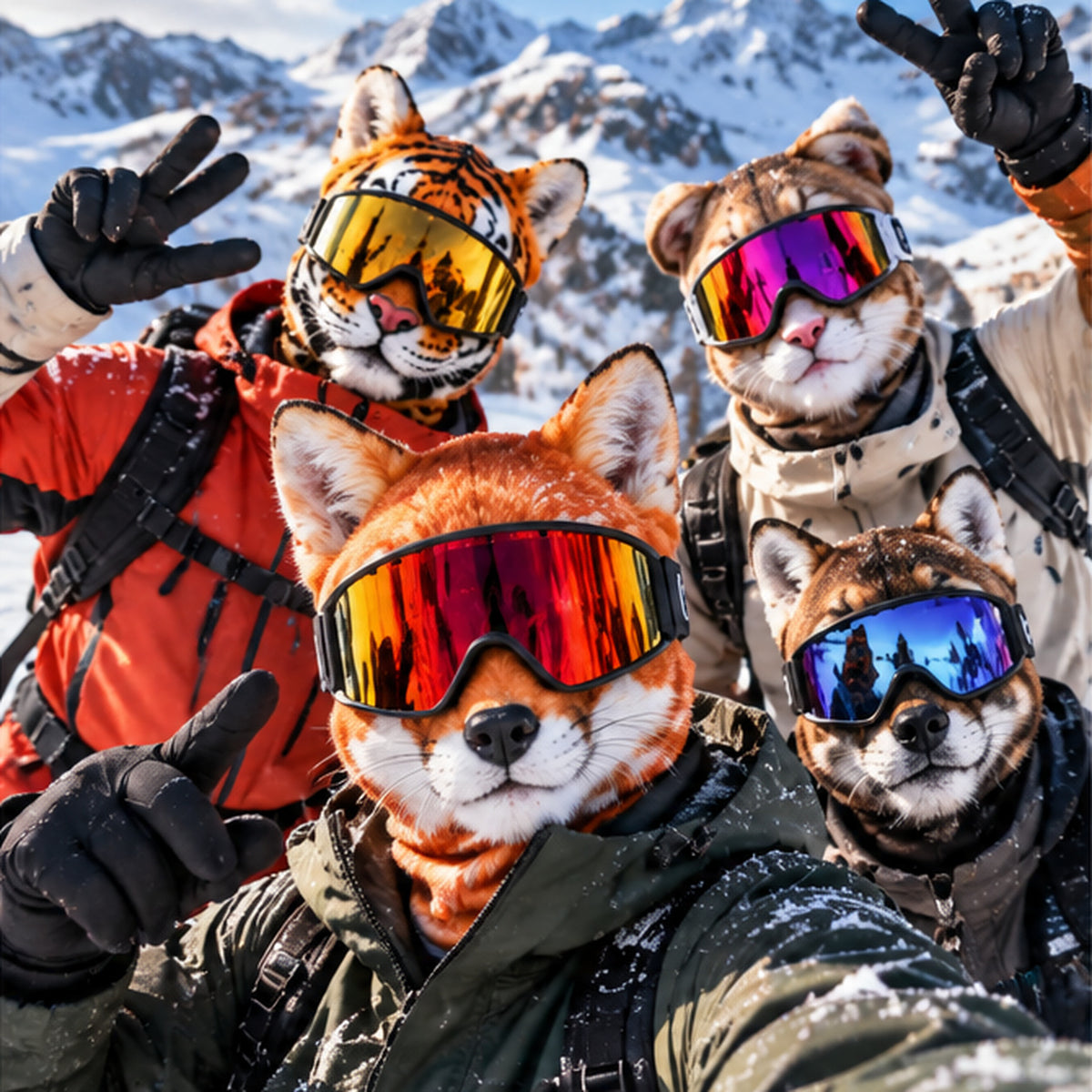 Mehrere Erwachsene mit Animal Face Ski Masks im Skigebiet