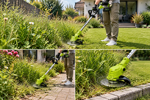 3-in-1 Akku-Rasentrimmer bei der Gartenpflege an Rasen, Beet und Weg