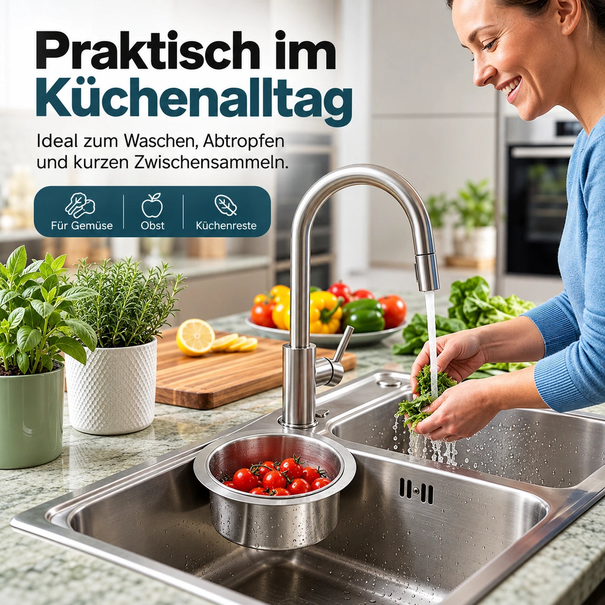 Edelstahl-Spülsieb – im Küchenalltag beim Gemüsewaschen