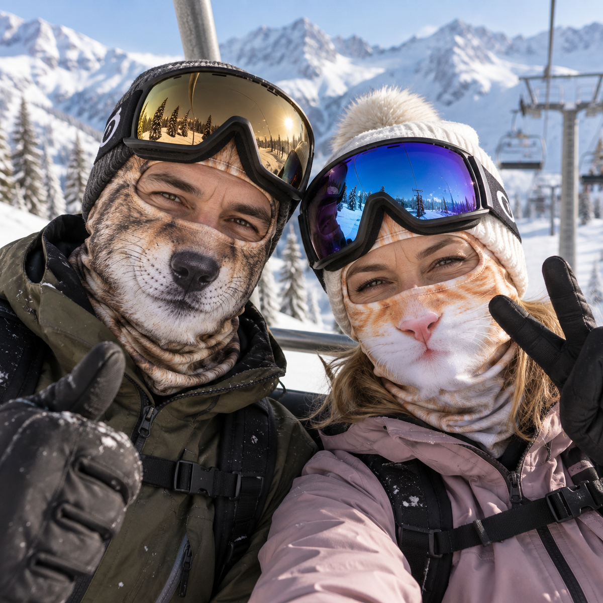 Zwei Erwachsene mit Animal Face Ski Masks im Skilift