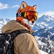 Fuchs Animal Face Ski Mask auf einem alpinen Winterweg