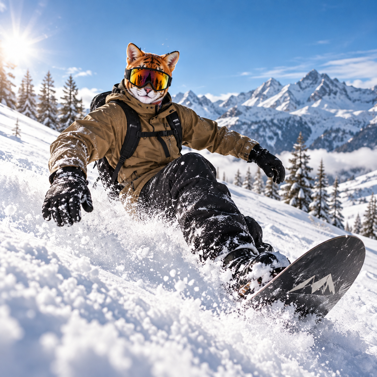 Tiger Animal Face Ski Mask beim Snowboarden in realistischer Bergkulisse