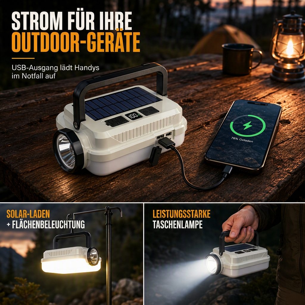 Wiederaufladbare Solar-LED-Campinglampe